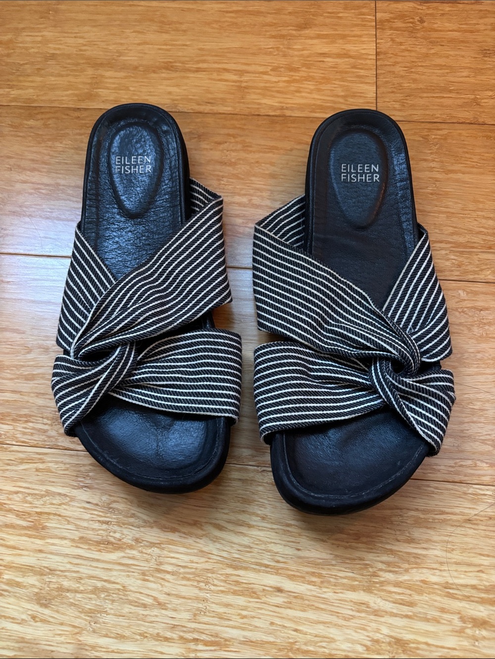 Eileen Fisher Black and Cream Knotted Slide Sandals